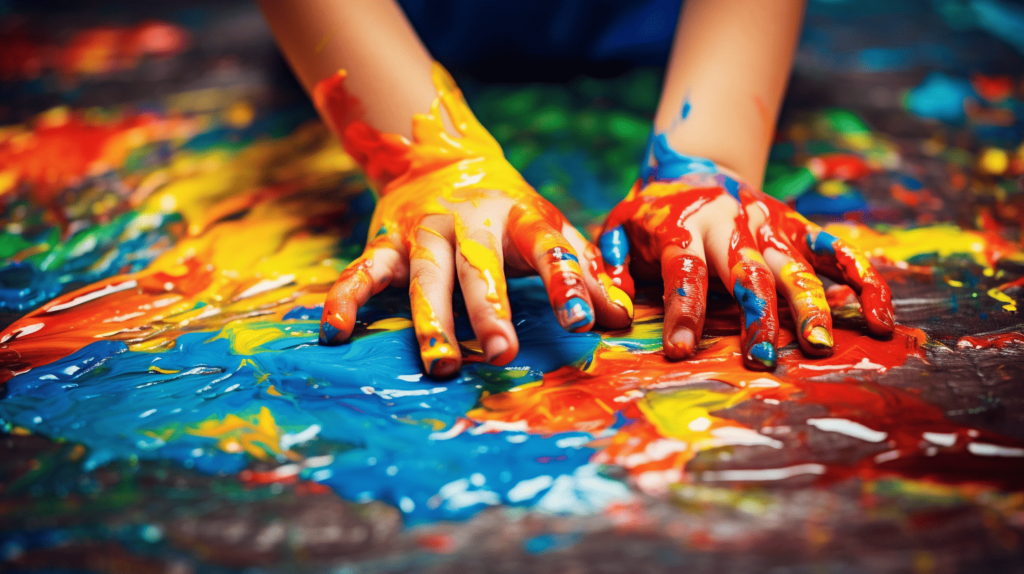 Das Bild fängt das lebhafte Chaos der Kinder beim Malen mit den Fingern ein und zeigt, wie ihre geschickten Finger mühelos Farben vermischen, die Hand-Augen-Koordination verbessern, die Kreativität fördern und die Feinmotorik verfeinern.
