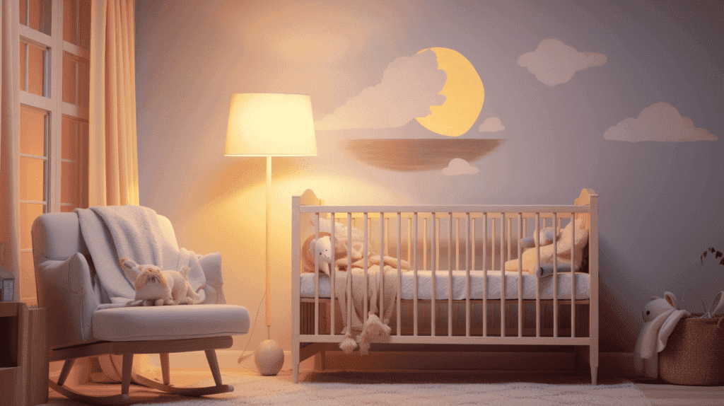 Bild, das ein gemütliches Kinderzimmer mit einem Kinderbett, sanften Pastellfarben und einem bezaubernden Mobile über dem Kopf zeigt. Verwenden Sie eine warme Beleuchtung, um eine ruhige Atmosphäre darzustellen, die ein Neugeborenes willkommen heißt und die Einführung in das eigene Zimmer des Kindes symbolisiert.