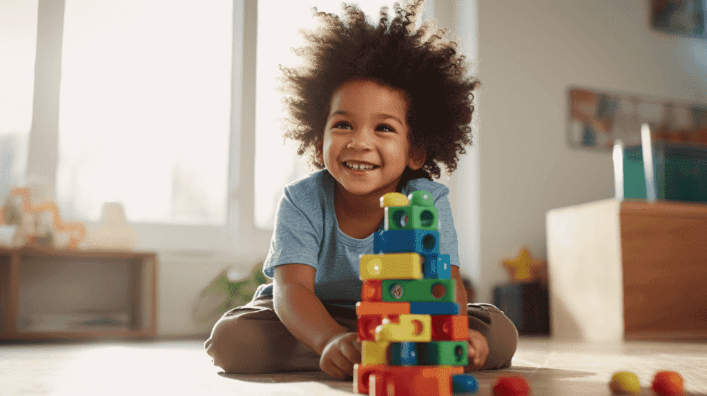 Das Bild zeigt einen bunten Stapel Bauklötze mit einem lächelnden Kleinkind, das vorsichtig einen Klotz auf die Spitze setzt, während ein älteres Kind in der Nähe einen komplizierten Turm mit fortgeschrittenen Baukästen konstruiert.