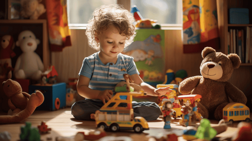 Ein Bild, das ein Kind zeigt, das sich in ein fantasievolles Spiel mit buntem, offenem Spielzeug vertieft, umgeben von einem aufgeräumten, aber geordneten Spielzimmer, das seine kognitive Entwicklung, Kreativität, Problemlösungsfähigkeiten und verbesserte soziale Interaktionen zeigt.