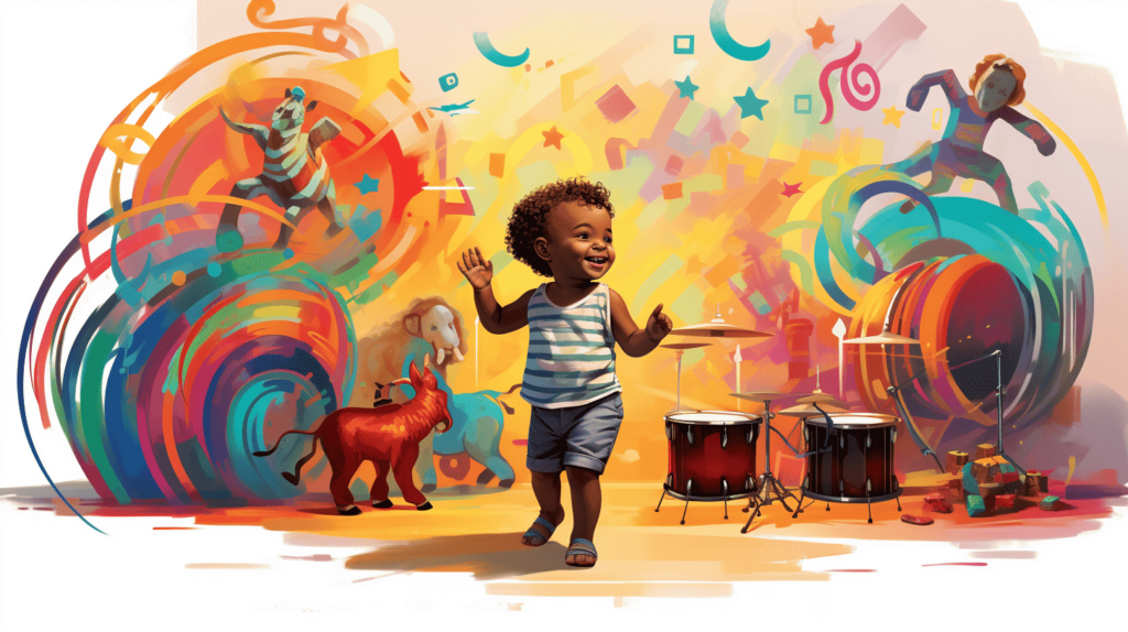 Ein Kleinkind, das fröhlich auf einem bunten Xylophon spielt, ein Kleinkind, das mit Kopfhörern zum Rhythmus wippt, und ein Vorschulkind, das kreativ tanzt - und das alles in einer lebendigen, spielerischen und musikbezogenen Umgebung.