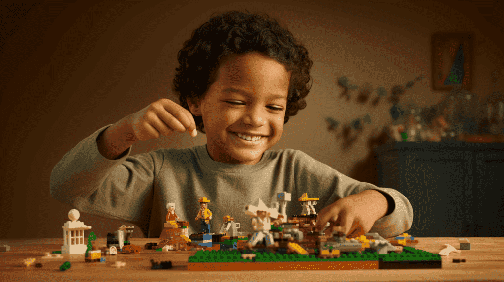 Das Bild zeigt das lächelnde Gesicht eines Kindes beim Bau komplizierter LEGO Konstruktionen und verdeutlicht die unbestreitbare Freude und Befriedigung, die das Spielen mit LEGO mit sich bringt, und unterstreicht die pädagogische Bedeutung.