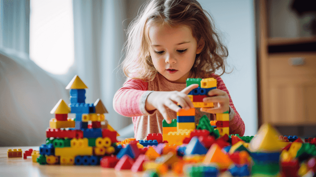 Das Bild zeigt ein Kind, das in den Bau einer komplexen LEGO Struktur vertieft ist und seine kognitive Entwicklung durch Problemlösung, räumliches Denken und Kreativität demonstriert. 