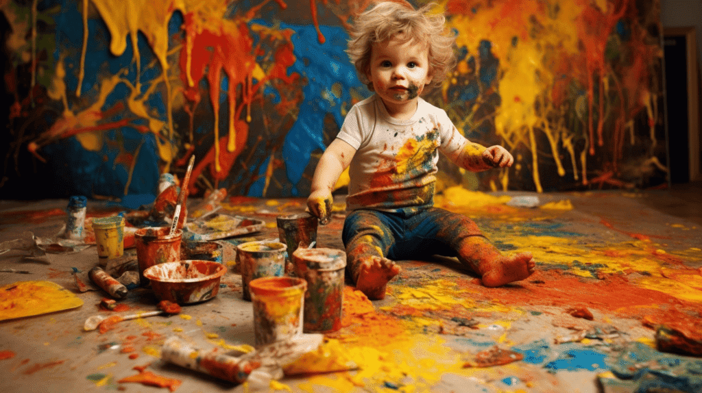 Ein Bild, das die Entwicklung der kindlichen Kreativität festhält: Das mit den Fingern gemalte Meisterwerk eines lebhaften, unordentlichen Kleinkindes verwandelt sich allmählich in ein sorgfältig ausgearbeitetes, fantasievolles Meisterwerk eines konzentrierten, neugierigen Heranwachsenden.