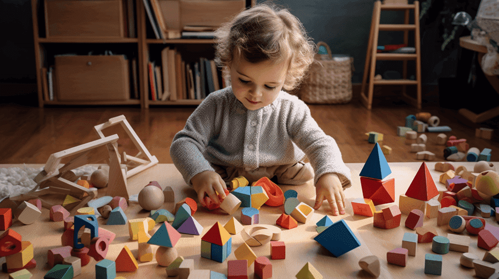 Das Bild zeigt ein Kind, das glücklich mit einem Montessori-Spielzeug beschäftigt ist, umgeben von einer Auswahl an taktilen Materialien wie Holzklötzen, Puzzles und sensorischen Objekten, die das praktische Lernen und die unabhängige Erkundung fördern.