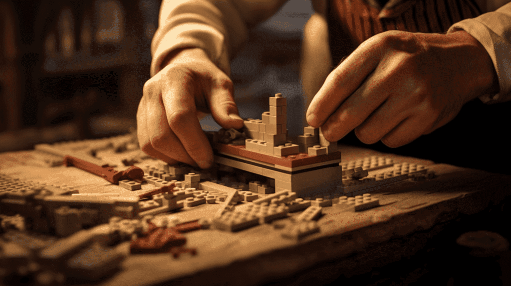 Ein Bild, das den Kern der Entstehung von Lego einfängt und einen dänischen Tischler zeigt, der Anfang der 1930er Jahre den ersten ineinandergreifenden Spielzeugstein herstellt. Betonen Sie die Einfachheit und Funktionalität des Designs.
