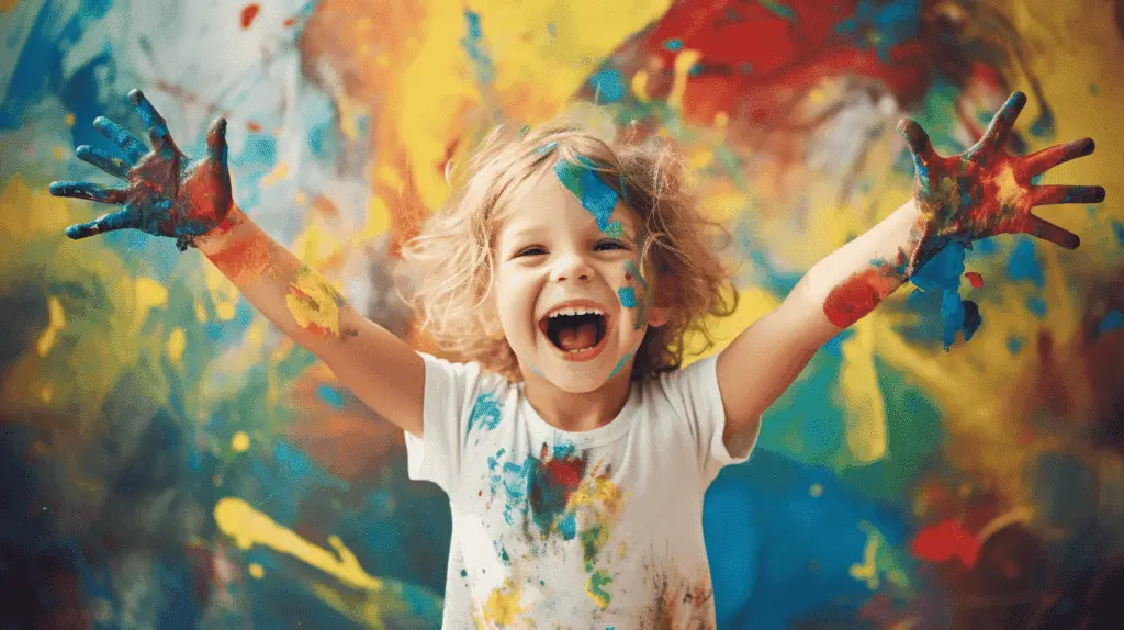 Ein Bild, das das fröhliche Chaos der Kinder beim Malen mit den Fingern festhält. Die Hände sind mit leuchtenden Farben verschmiert, während sie Texturen und Kompositionen erforschen, was die Feinmotorik, die Kreativität und die sensorische Entwicklung fördert.