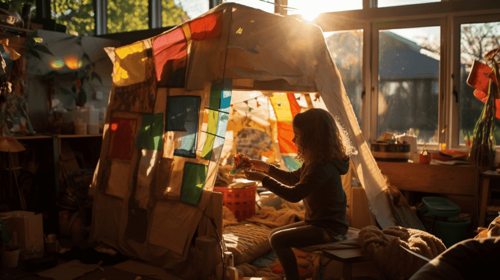Das Bild zeigt ein Kind in einer selbstgebauten Festung, umgeben von Bastelmaterial, Bauklötzen und einem behelfsmäßigen Puppentheater. Sonnenlicht strömt durch ein Fenster und lässt die Szene in leuchtenden Farben erscheinen.
