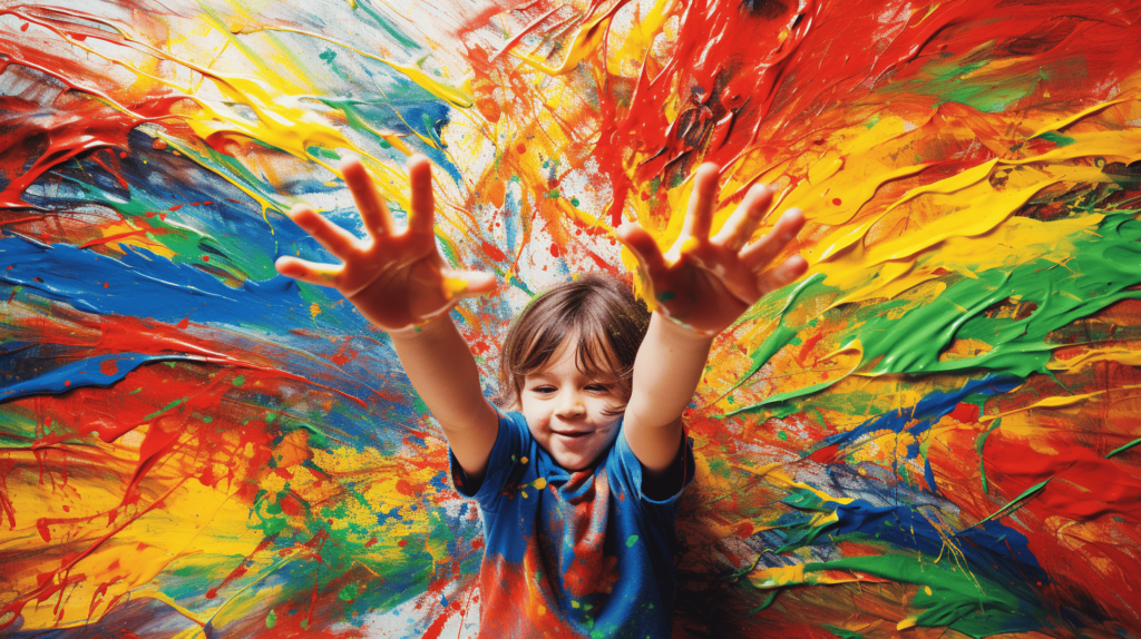 Ein Bild, das das lebendige Chaos der Kinder beim Malen mit den Fingern einfängt und ihre ungehemmte Kreativität zum Ausdruck bringt. Zeigen Sie, wie ihre Hände kühne Farbstriche auftragen und durch diese taktile und sensorische Erfahrung ihren einzigartigen Selbstausdruck zum Vorschein bringen.
