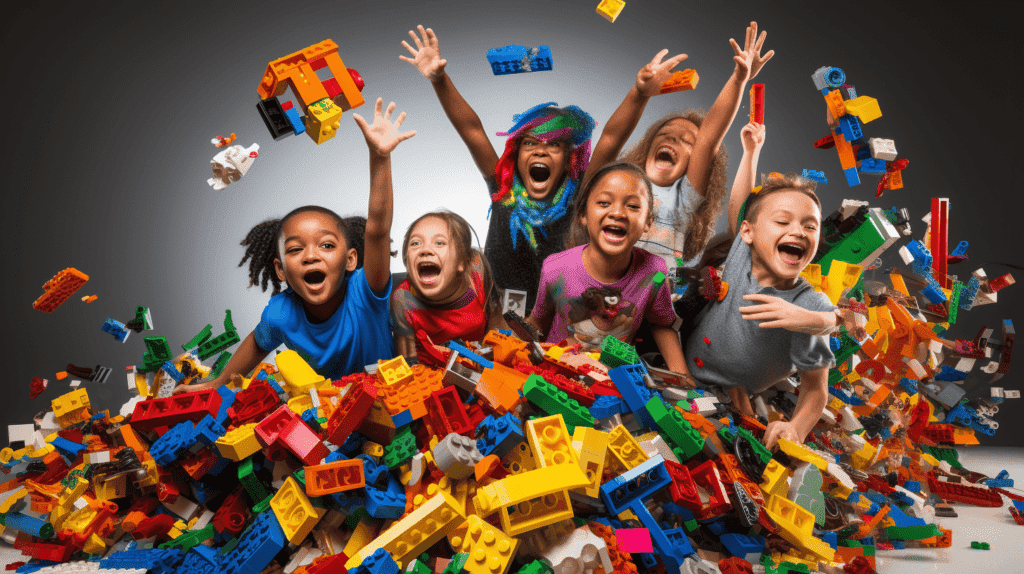 Das Bild zeigt eine Gruppe von Kindern, die mit Begeisterung komplizierte LEGO Strukturen bauen. Ihre Gesichter strahlen vor Neugierde und Freude und symbolisieren die fesselnde Einführung in die Welt des spielerischen Lernens.