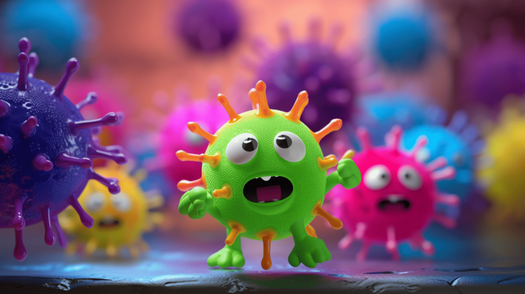 Das Bild zeigt ein farbenfrohes Spielzeug, das mit mikroskopisch kleinen Viren bedeckt ist und auf die potenzielle Gefahr für die Gesundheit von Kindern hinweist.