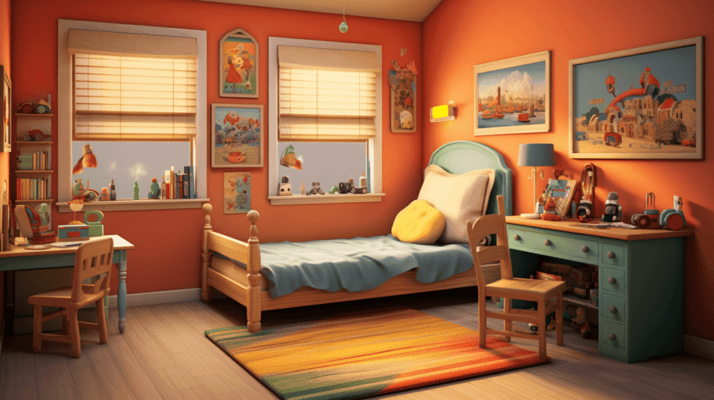 Bild, das ein gemütliches Kinderzimmer in leuchtenden Farben zeigt. Es zeigt ein Miniaturbett, ordentlich angeordnete Spielsachen und einen kleinen Schreibtisch, der die Individualität des Kindes und sein Recht auf Privatsphäre betont.