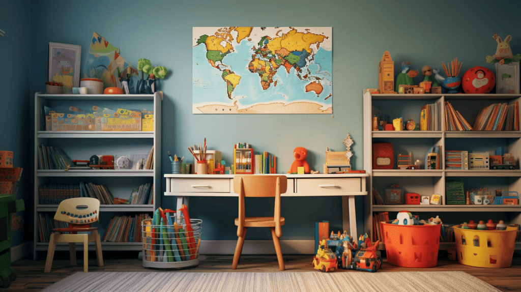 Bild, das ein ordentlich organisiertes Kinderzimmer mit beschrifteten Aufbewahrungsbehältern für Spielzeug, einem farblich abgestimmten Bücherregal und einem aufgeräumten Schreibtisch mit ordentlich geordnetem Kunstzubehör zeigt.