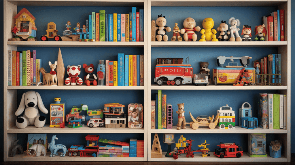 Das Bild zeigt eine vielfältige Sammlung von passivem Spielzeug wie Puzzles, Bauklötze und Brettspiele, die ordentlich auf einem Holzregal angeordnet sind und den Leser dazu einladen, ihren Nutzen und ihre Bedeutung zu erkunden.