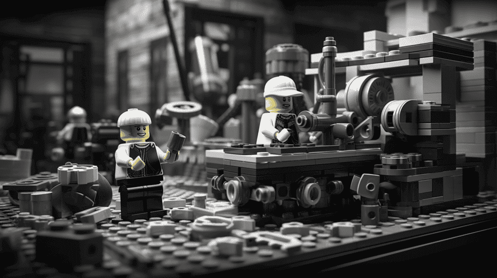Das Bild zeigt die Geburtsstunde von Lego und fängt die Essenz der frühen Tage mit einem Schwarz-Weiß-Foto einer nostalgischen Werkstatt ein, die mit hölzernen Spielzeugprototypen, verstreuten Steinen und dem ikonischen Lego-Logo gefüllt ist.