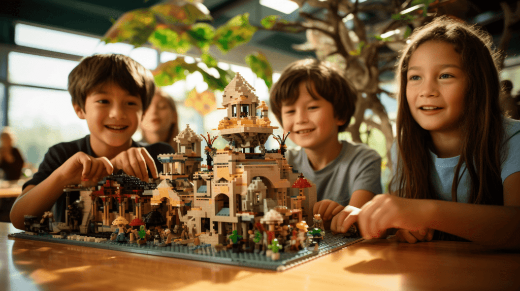Das Bild zeigt eine Gruppe von Kindern, die um einen Tisch herum sitzen und mit Begeisterung und Konzentration an komplizierten Lego-Strukturen bauen.