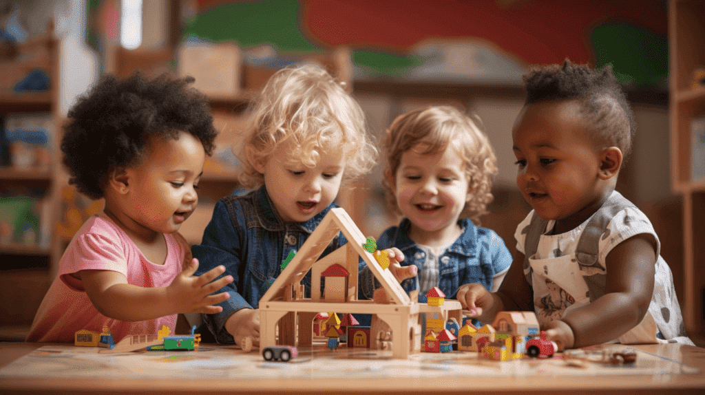 ein Bild, das eine Gruppe kleiner Kinder beim Spielen zeigt, umgeben von einer Reihe von Lernspielzeug. Die Spielzeuge sollten verschiedene Entwicklungsbereiche wie kognitive, körperliche, soziale und emotionale Fähigkeiten repräsentieren.
