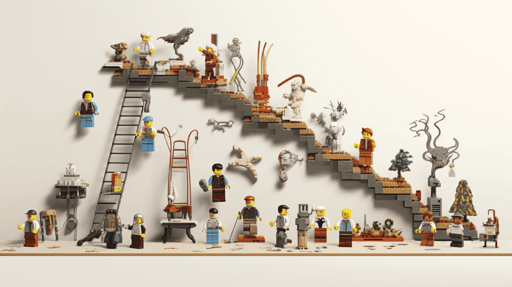 Bild, das die Entwicklung von Lego im Laufe der Zeit zeigt. Zeigen Sie die Entwicklung von den ersten Prototypen des Holzspielzeugs über die Einführung der kultigen Plastiksteine bis hin zu den modernen, komplizierten und vielfältigen Lego-Sets.