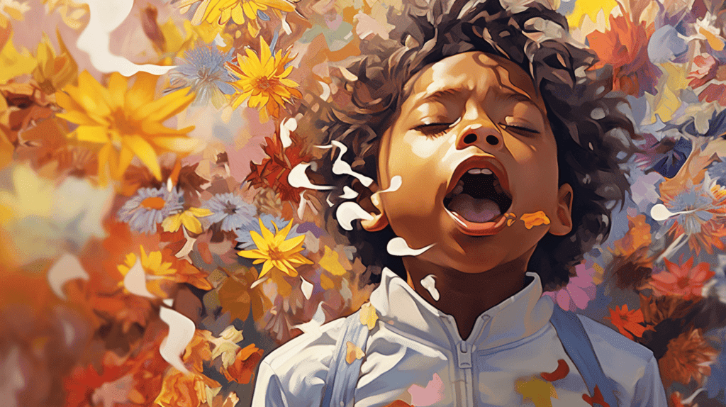 Ein Kind, das niest und durch eine verstopfte Nase aufgrund von Allergien zu atmen versucht, umgeben von häufigen Allergenen wie Pollen und Tierhaaren, mit Betonung der verstopften Nasengänge, Illustration, digitale Kunst mit leuchtenden Farben