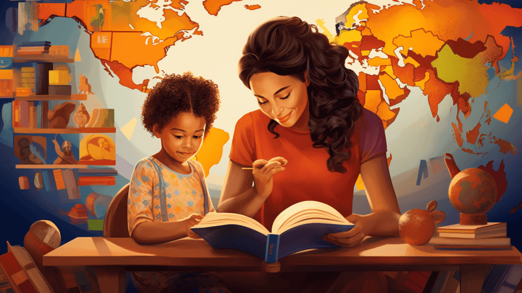 Das Bild zeigt ein Elternteil und ein Kind, die sich über Sprachen austauschen, umgeben von farbenfrohen Lernmitteln wie Büchern, Lernkarten und Sprachlern-Apps, die den Weg zur Zweisprachigkeit von klein auf symbolisieren