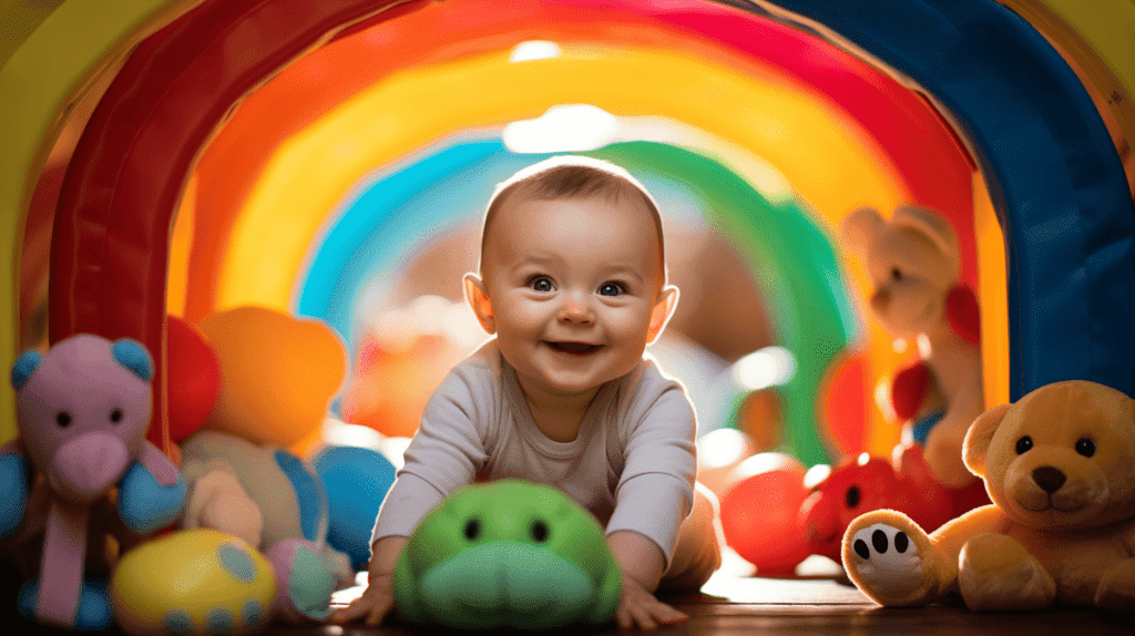 Bild, das ein glückliches Baby zeigt, das unter einem Spielbogen sitzt, umgeben von buntem Spielzeug und sanfter Beleuchtung. Halten Sie den perfekten Moment fest, wenn das Baby nach einem der anregenden hängenden Objekte greift.