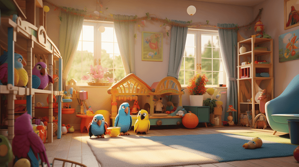 Bild, das ein lebhaftes Kinderzimmer mit einer geräumigen Wellensittich-Voliere zeigt, die mit buntem Spielzeug und Sitzstangen gefüllt ist. Zeigen Sie glückliche Kinder, die mit den Wellensittichen interagieren, und betonen Sie eine sichere und fröhliche Umgebung.