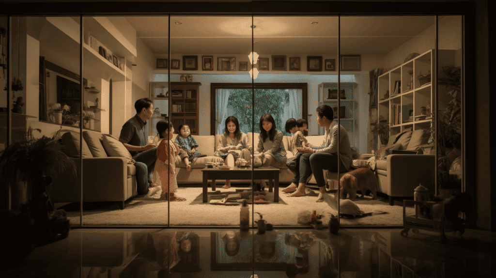 Ein harmonischer Lebensraum, Spiegel, die eine ausgeglichene Energie widerspiegeln, Familienmitglieder, die glücklich miteinander umgehen, die Krönung des Verständnisses von Feng Shui und Aberglauben, Fotografie, DSLR mit einem 70-mm-Objektiv