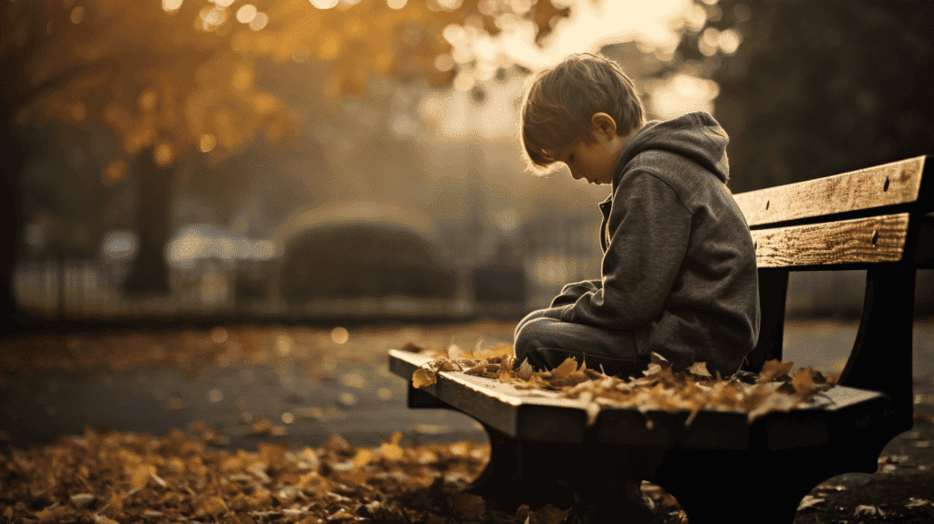 Ein kleiner Junge sitzt allein auf einer verwitterten Holzbank in einem trostlosen Park, die Schultern hängen herab, Tränen laufen ihm über die Wangen, umgeben von verwelkten Blumen und abgefallenen Blättern, neblige Atmosphäre mit sanften Sonnenstrahlen, die durch die Wolken brechen, Fotografie, aufgenommen mit einem alten 50mm-Objektiv bei f/2.8
