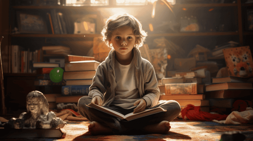 Bild, das ein Kind zeigt, das im Schneidersitz auf einem farbenfrohen Teppich sitzt, umgeben von einem bunten Bücherstapel. Das Sonnenlicht fällt durch ein nahe gelegenes Fenster und wirft ein warmes Licht auf die vor Fantasie und Staunen funkelnden Augen des Kindes.