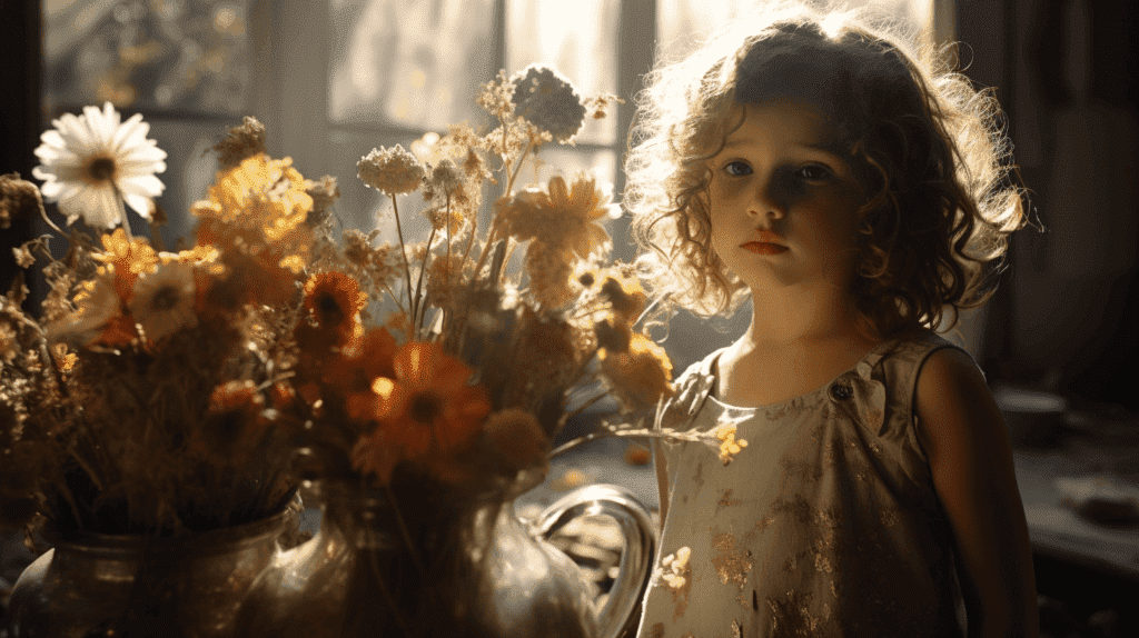 Bild eines Kindes mit einem verlegenen Gesichtsausdruck, das neben einer zerbrochenen Vase steht, umgeben von verstreuten Blumen. Das Sonnenlicht fällt durch ein nahe gelegenes Fenster und wirft ein Scheinwerferlicht auf die Szene