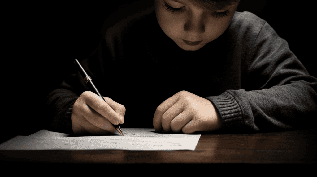 Das Bild zeigt eine Kinderhand, die einen Stift in der richtigen Haltung hält: die Finger sind leicht gebogen, der Daumen stützt den Stift und das Handgelenk ist leicht angehoben. Der Stift gleitet sanft über ein liniertes Papier und zeigt eine saubere Schrift.