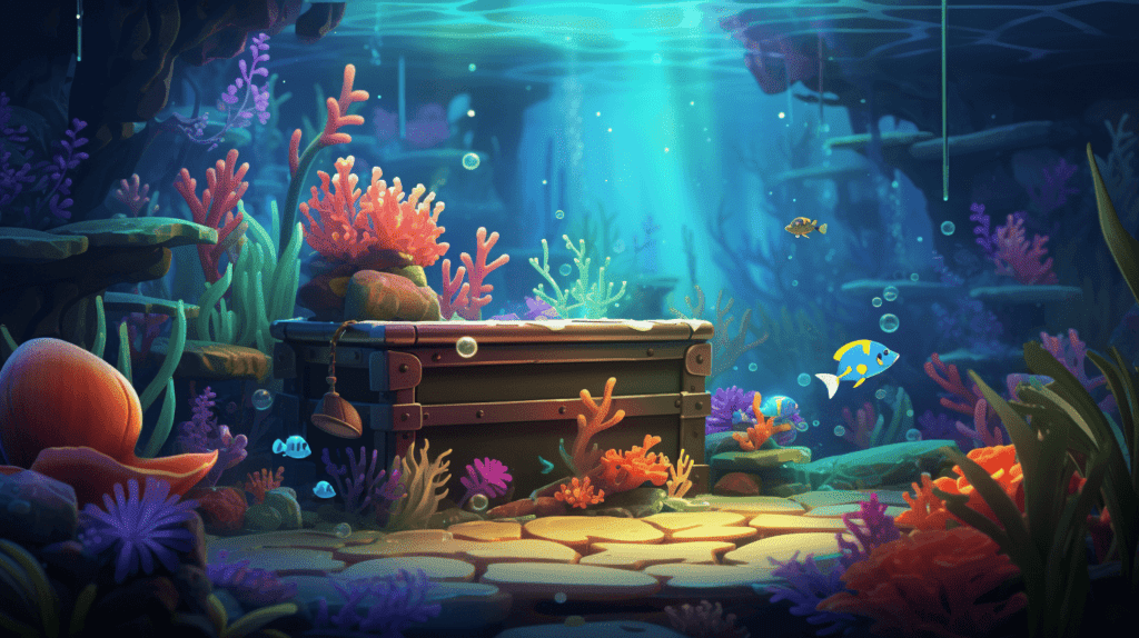 Das Bild zeigt ein lebhaftes Kinderzimmeraquarium, das mit einem geräumigen Becken mit bunten Fischen, üppigen Wasserpflanzen und interaktiven Elementen wie einem kleinen U-Boot und einer Schatztruhe gefüllt ist.