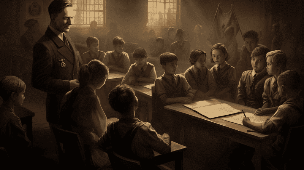 Bild, das eine Klassenzimmerszene in der Nazizeit zeigt, mit Kindern, die gehorsam an mit Hakenkreuzen geschmückten Tischen sitzen, während ein strenger Lehrer leidenschaftlich über die Nazi-Ideologie und die Indoktrination der Kinder doziert.