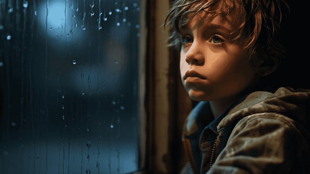 Ein Kind, das aus dem Fenster schaut, Regentropfen auf der Fensterscheibe, das Spiegelbild des Kindes zeigt eine Mischung aus Neugier und Traurigkeit, schwach beleuchteter Raum mit weichen Schatten, Einfangen der nachdenklichen Stimmung des Kindes, Fotografie, 50mm-Objektiv mit geringer Schärfentiefe