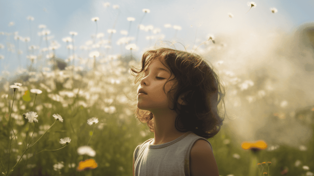 Ein Kind, das auf einer sonnigen Wiese frische Luft durch die Nase einatmet, wobei das natürliche Filtersystem der Nase hervorgehoben wird, umgeben von schwebenden Pollen und Staubpartikeln, die die Reinheit und Sicherheit der Nasenatmung einfangen, Fotografie, DSLR mit einem 35-mm-Objektiv