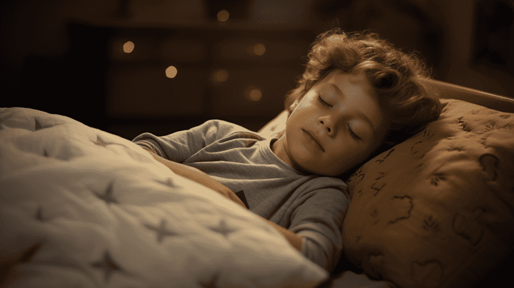 Ein friedlich schlafendes Kind, sanftes Heben und Senken des Brustkorbs, ruhige Schlafzimmerumgebung mit gedämpfter Beleuchtung, Betonung der Ruhe und der gesundheitlichen Vorteile der Nasenatmung, Fotografie, DSLR mit einem 50-mm-Objektiv