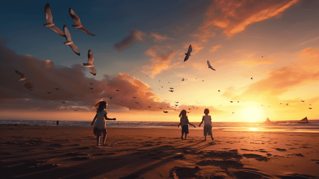 Kinder spielen an einem Sandstrand unter einem leuchtenden Sonnenuntergangshimmel, bauen Sandburgen und lassen bunte Drachen steigen, während über ihnen Möwen gleiten, eine fröhliche Atmosphäre voller Lachen und Aufregung, Fotografie, mit einem Weitwinkelobjektiv (24 mm)