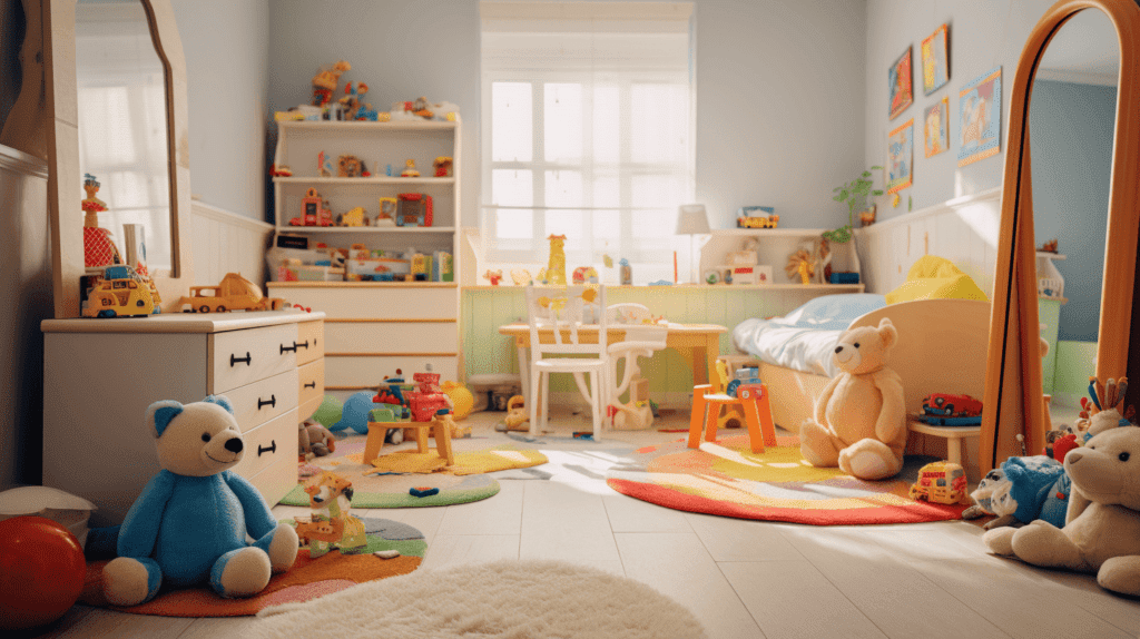 Ein helles Kinderzimmer, ein niedlicher Spiegel in Form eines Tieres, in dem sich ein bunter Spielplatz spiegelt, verstreute Spielsachen, die die Freude und Unschuld der Kindheit einfangen, Fotografie, DSLR mit Weitwinkelobjektiv
