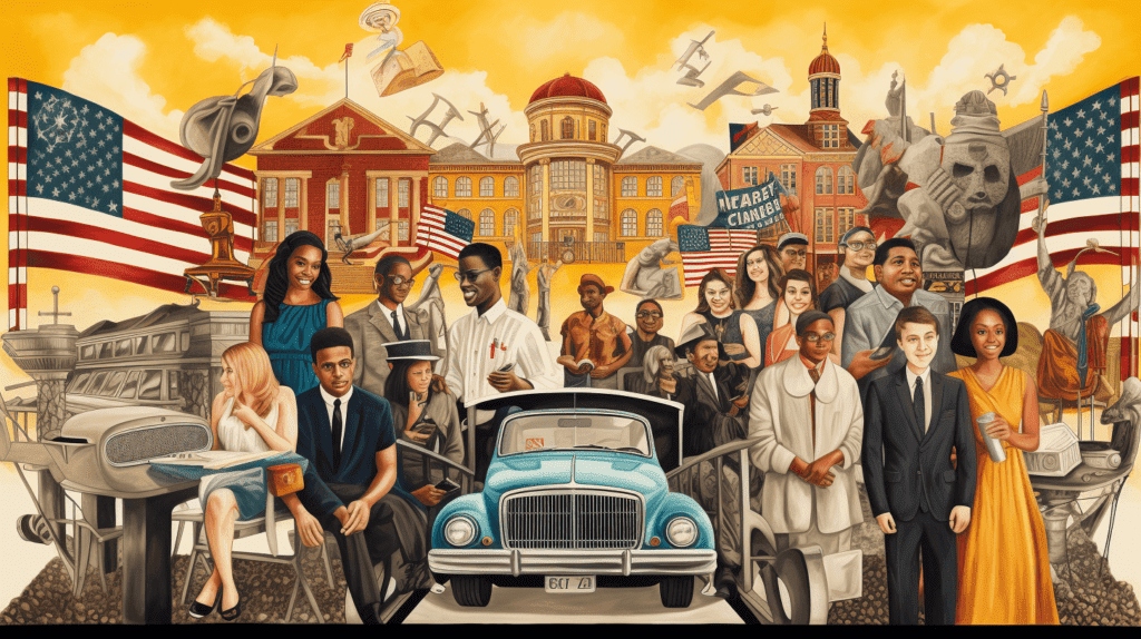 Das Bild zeigt eine vielfältige Gruppe von Schülern, die verschiedenen Bildungsaktivitäten nachgehen, umgeben von ikonischen amerikanischen Symbolen wie einer Abschlussmütze, einem Schulbus und einer Bibliothek, die die Unterschiede und Einflüsse im amerikanischen Bildungssystem symbolisieren.
