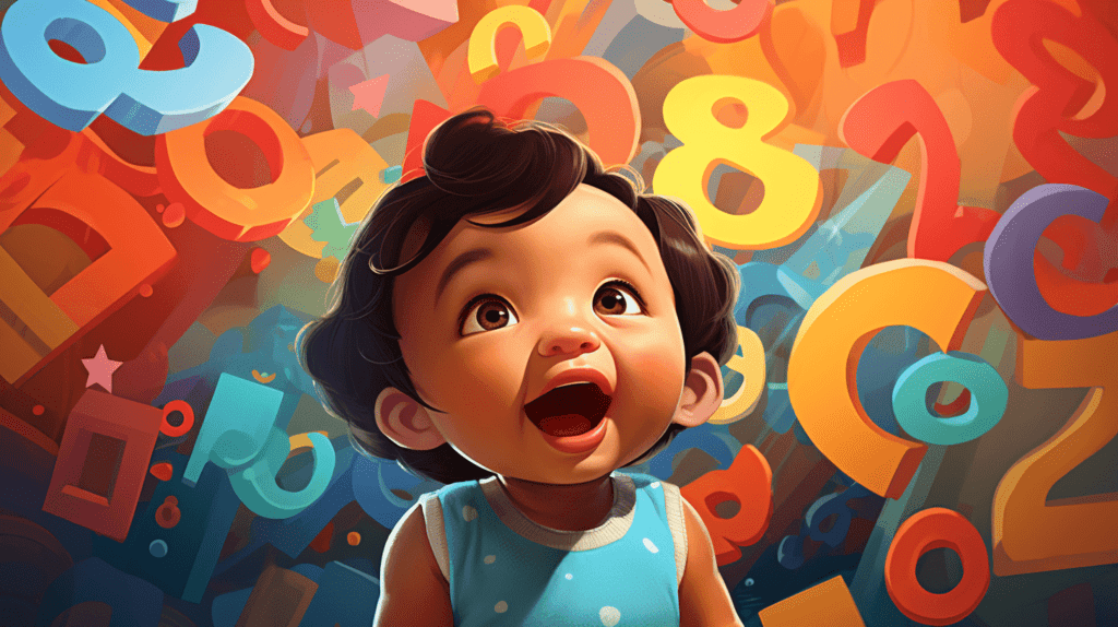 Ein Baby umgeben von Sprechblasen mit dem Wort "Mama", ein verwirrter Gesichtsausdruck, bunter und verspielter Hintergrund, eine neugierige und forschende Stimmung, Illustration, lebendige digitale Kunst