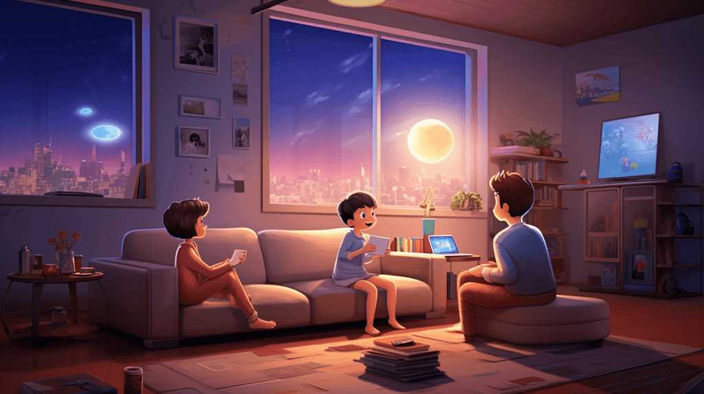 Ein modernes Wohnzimmer, Eltern diskutieren mit einer Broschüre mit dem Titel "TV im Kinderzimmer?", gemütliche Umgebung mit sanfter Beleuchtung, ein Gefühl von Neugier und Besorgnis in der Luft, Illustration, digitale Kunst