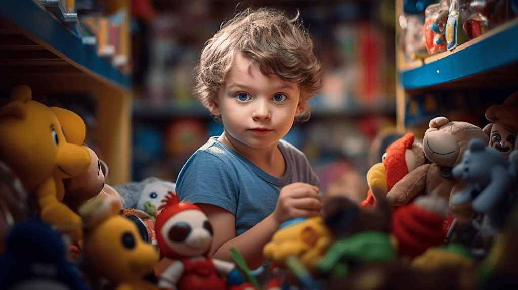 Ein neugieriges Kind, das nach einem Spielzeug greift, die Augen des Kindes sind auf das Spielzeug gerichtet und zeigen Entschlossenheit, ein Spielzimmer voller bunter Spielsachen, Entdecker- und Erkundungsgeist, Fotografie, DSLR mit einem 50-mm-Objektiv