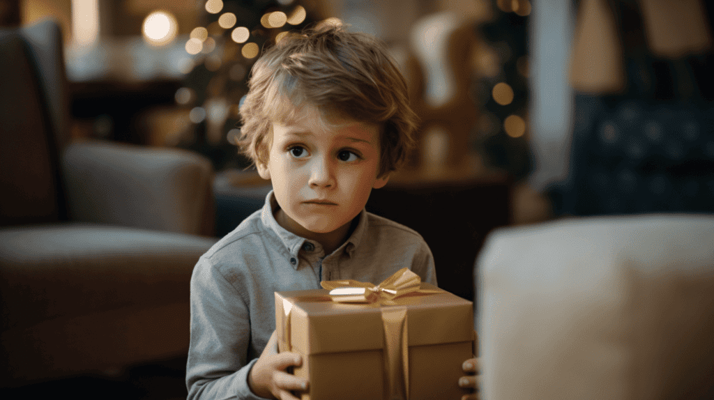 Ein Kind, das enttäuscht auf ein Geschenk blickt, eine verpackte Schachtel mit einer großen Schleife, ein gemütliches Wohnzimmer während einer Geburtstagsfeier, Einfangen der Überraschung und der leichten Traurigkeit des Kindes, Fotografie, DSLR-Kamera mit einem 50-mm-Objektiv