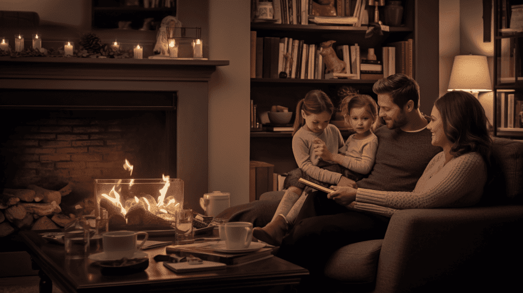 Ein ruhiges Familienwohnzimmer, eine vierköpfige Familie sitzt zusammen und bespricht familienrechtliche Themen, Bücherregale und ein Kamin im Hintergrund, Atmosphäre von Wärme und Verständnis, Fotografie, Canon EOS 5D Mark IV mit einem 50mm Objektiv