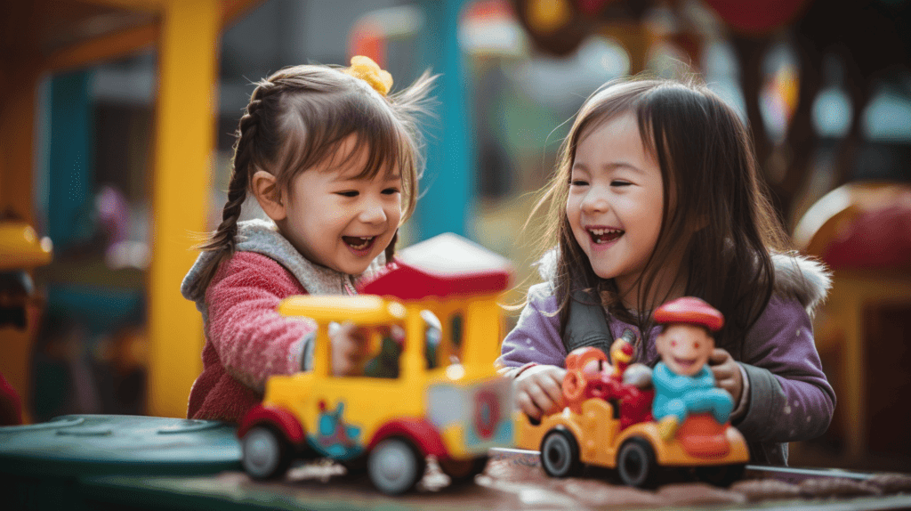 Ein Kind, das ein Spielzeug mit einem Freund teilt, beide Kinder lächeln und spielen zusammen, eine bunte Spielplatzumgebung, eine warme und fröhliche Atmosphäre, Fotografie, DSLR-Kamera mit einem 50-mm-Objektiv