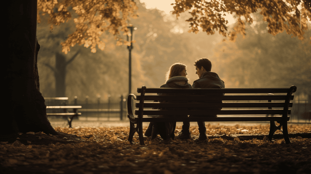 Ein nachdenkliches Paar sitzt auf einer Parkbank, tief in Gedanken versunken, umgeben von Herbstblättern, die Atmosphäre ist schwer von Unsicherheit, Fotografie, DSLR mit 50mm Objektiv