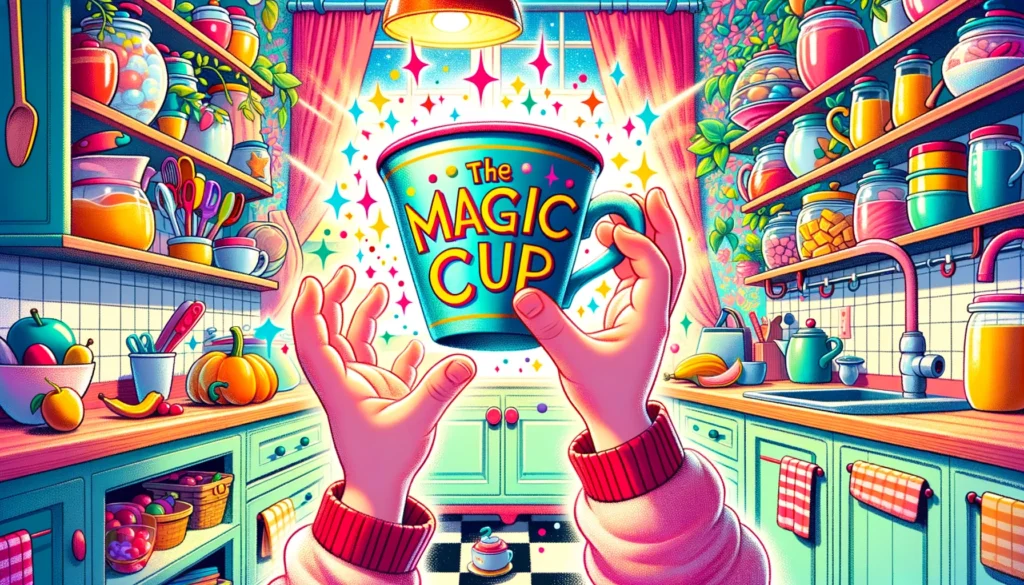 Eine Kinderhand, die die Zaubertasse berührt, Nahaufnahme der besonderen Eigenschaften der Tasse, helle und verspielte Küchenumgebung, Gefühl von Neugier und Entdeckung, Illustration, digitale Kunst mit leuchtenden Farben