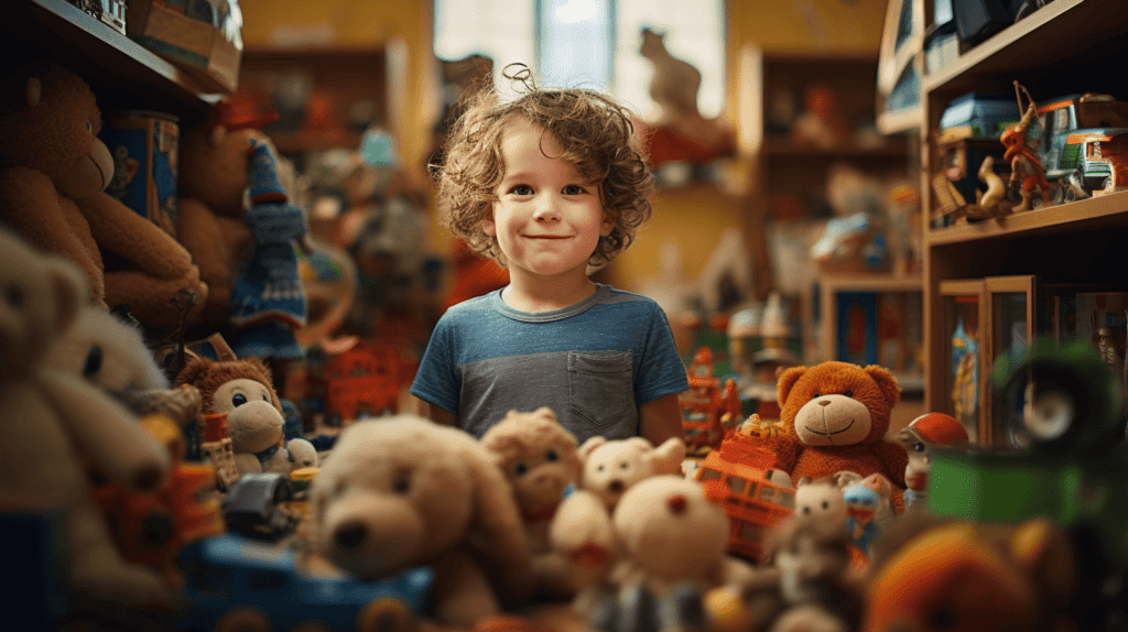 Ein Kind, das von einer Vielzahl von Spielzeugen umgeben ist, das Kind wählt mit Bedacht aus, welches Spielzeug es behalten möchte, ein helles und geräumiges Spielzimmer, ein Gefühl des Entdeckens und der Entscheidungsfindung, Fotografie, DSLR-Kamera mit einem 50-mm-Objektiv