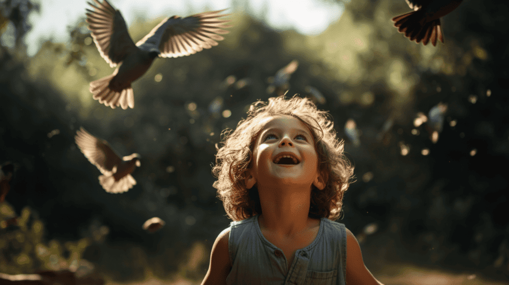 Ein Kind, das die Natur erlebt, umgeben von Bäumen und Tieren, sonniger Tag mit Vogelgezwitscher, Gefühl von Freiheit und Erkundung, Fotografie, DSLR mit 50mm Objektiv