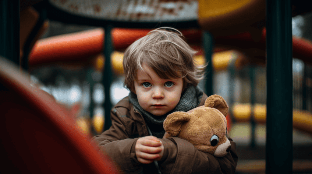 Ein neugieriges Kind, das das Spielzeug eines anderen betrachtet, die staunenden Augen des Kindes, eine Spielplatzkulisse, Gefühle von Sehnsucht und Neugier, Fotografie, DSLR mit einem 50-mm-Objektiv